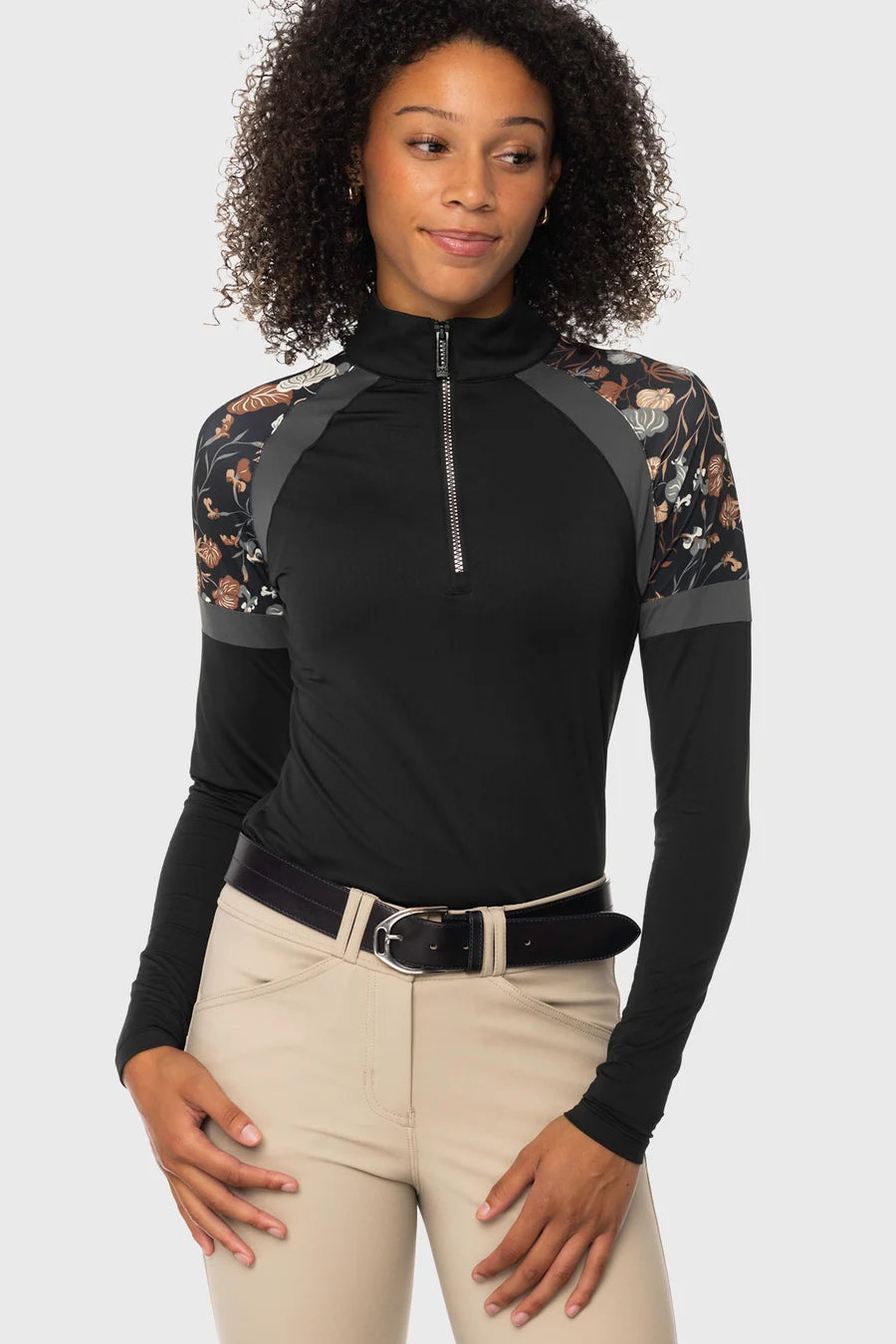 Kastel Neutral Modern Begonia 1/4 Zip Long Sleeve Paneled Top w/Crystal Zip