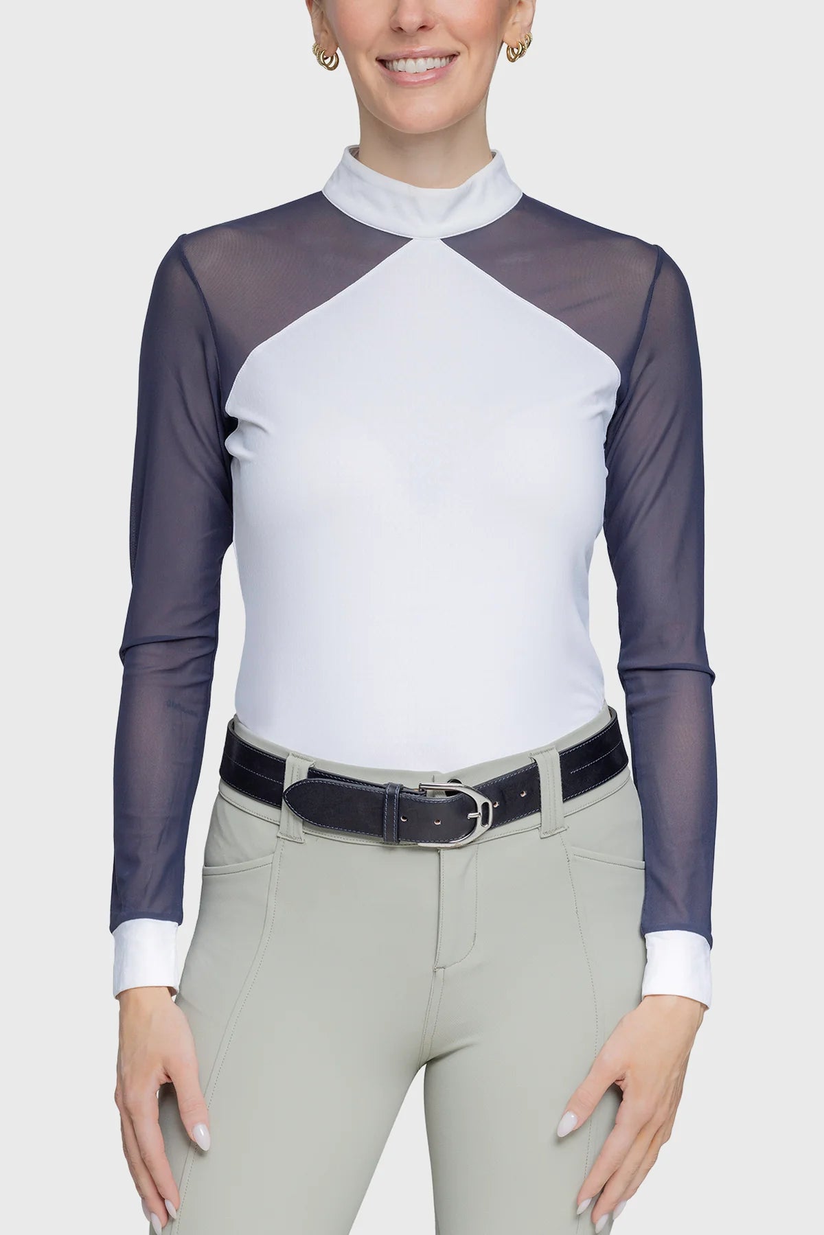 Kastel Elegant White & Navy Power Mesh Long Sleeve Show Shirt