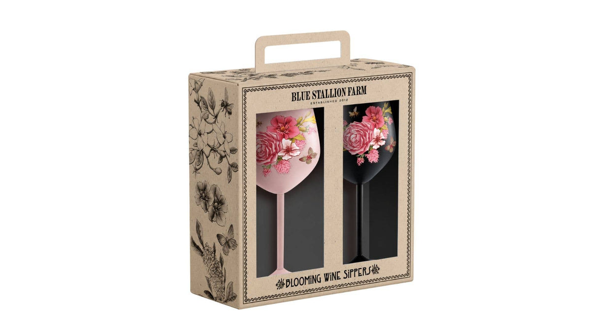 Floral Bouquet Pink & Black Set of 2 Wine Glasses in Giftbox
