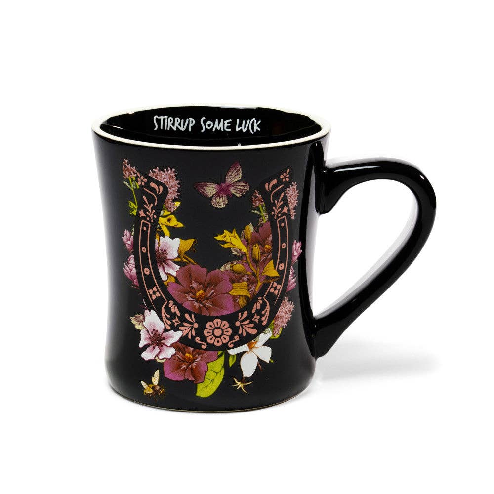 Black Lucky Charm Horseshoe & Floral Bouquet Coffee Mug